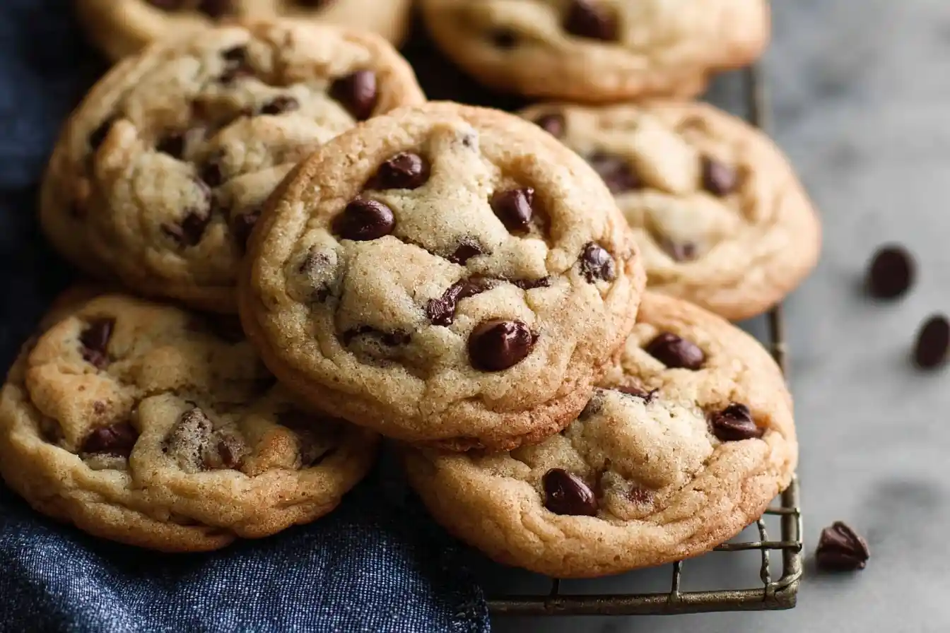 A close-up of a pile of freshly baked chocolate chip cookies with melted chocolate morsels, cooling on a wire rack.