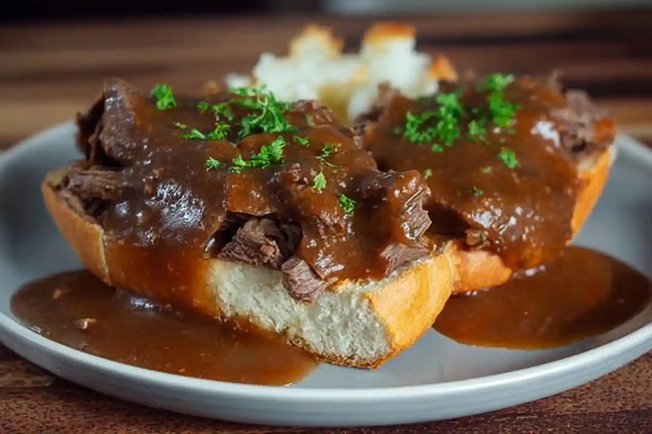 Open-faced Hot Roast Beef Sandwich smothered in rich brown gravy and garnished with parsley on a plate.