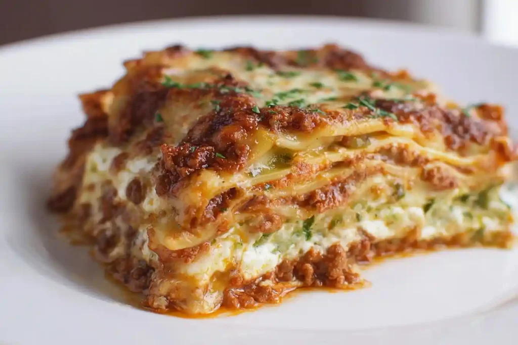 A close-up shot of a thick, layered slice of homemade lasagna on a white plate, garnished with fresh parsley.