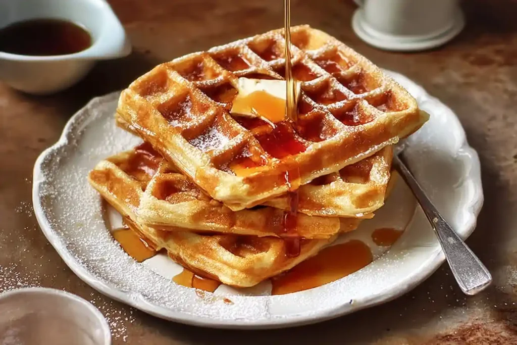 A delicious stack of three golden Belgian waffles topped with butter as warm maple syrup is poured over them.