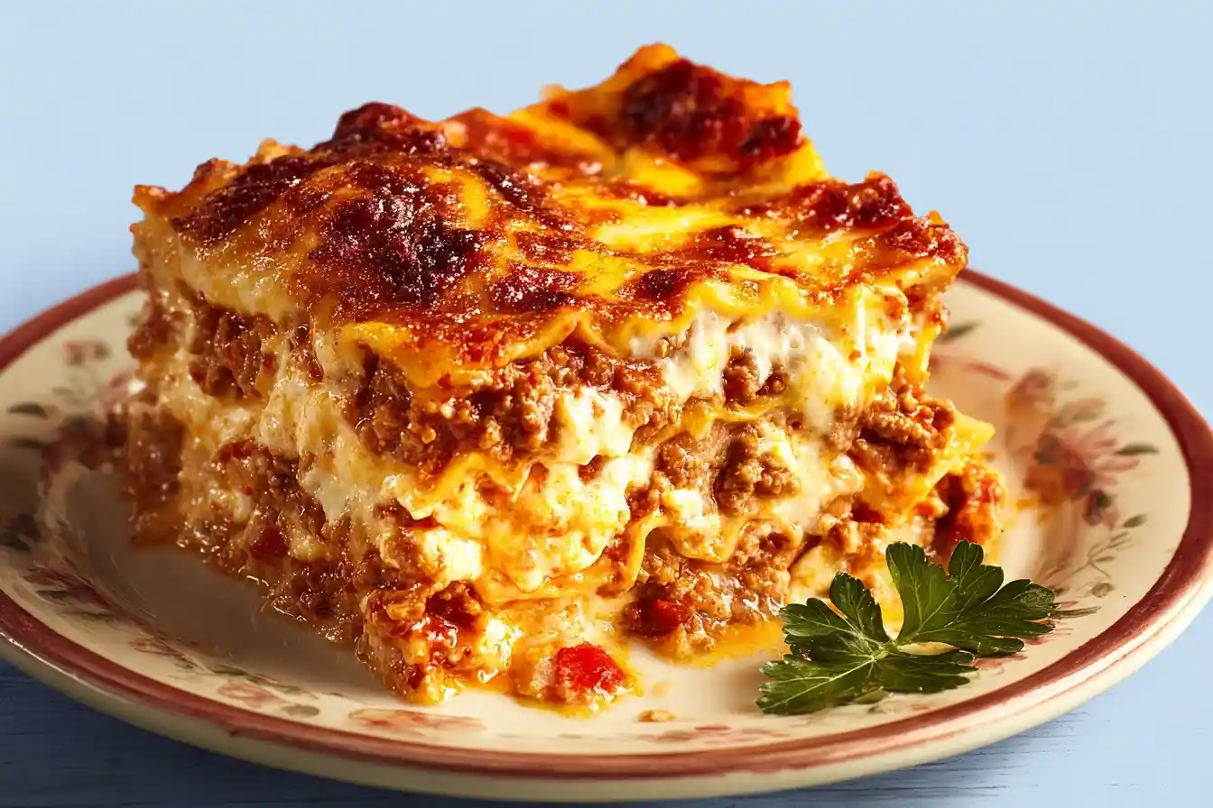A close-up shot of a hearty slice of cheesy baked lasagna, made from a classic lasagna recipe, served on a decorative plate.