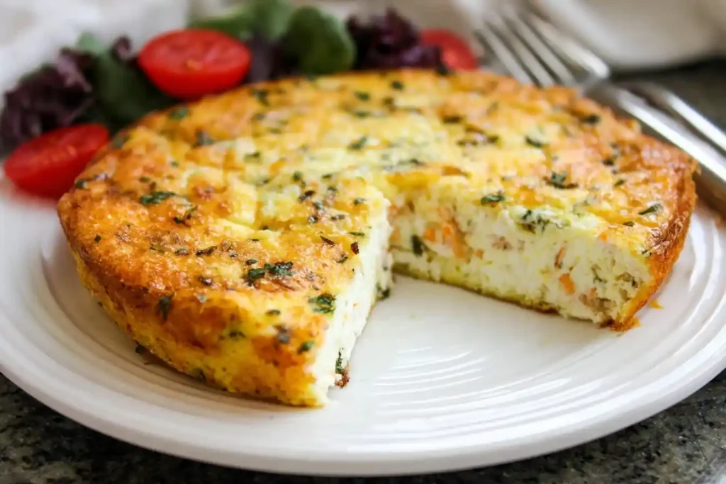 A golden-brown Egg White Frittata on a white plate with a slice removed, served with a side salad.