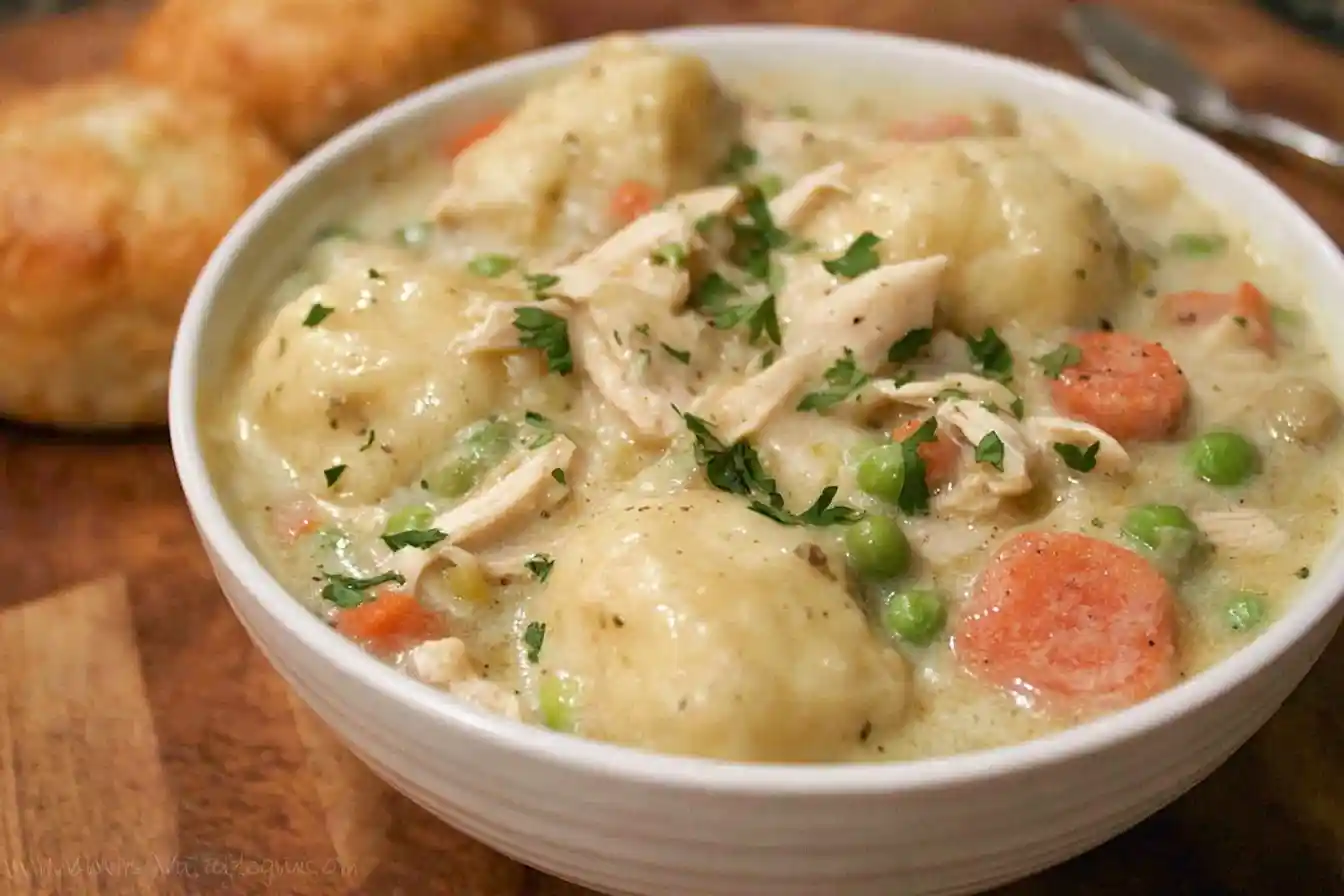 A white bowl filled with creamy Chicken and Dumplings, carrots, peas, and shredded chicken garnished with fresh parsley.
