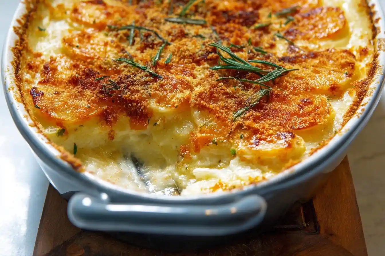 A blue oval casserole dish containing creamy Scalloped Potatoes with a crispy golden-brown crumb topping and rosemary sprigs.