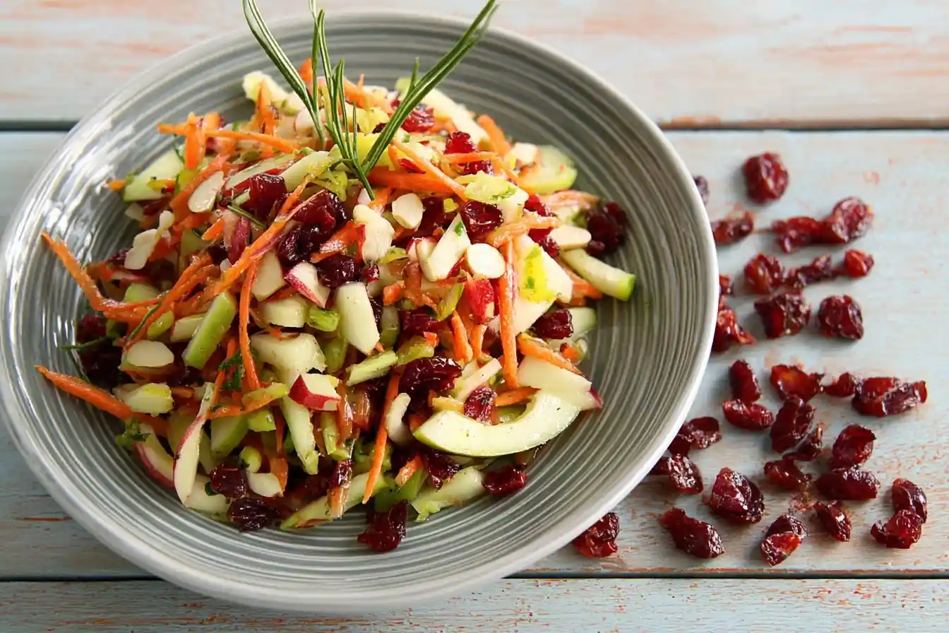 Bowl of fresh carrot apple salad mixed with cranberries, almonds, and green apples on a blue wood table.