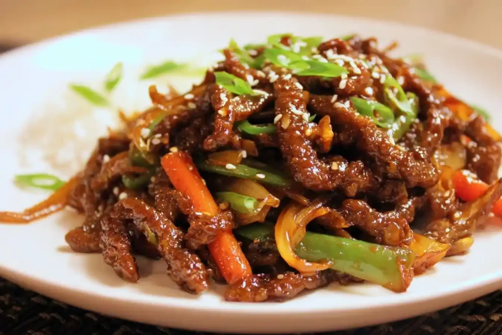 Close-up of crispy Beijing Beef stir fry with peppers and onions garnished with sesame seeds and green onions