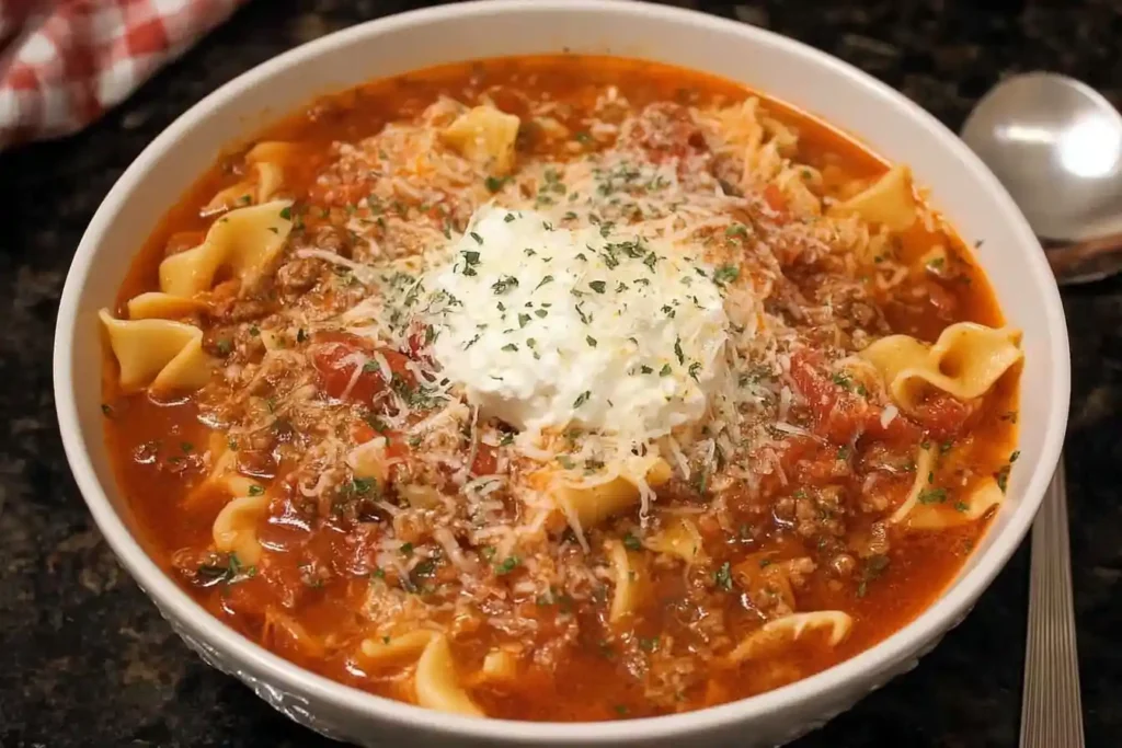 A white bowl filled with hearty Lasagna Soup, topped with ricotta cheese, grated Parmesan, and chopped parsley on a dark counter.