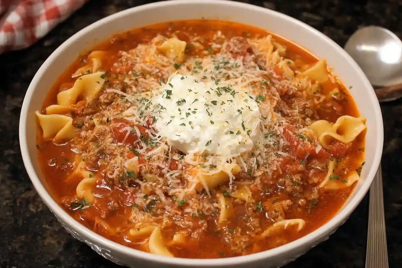 A white bowl filled with hearty Lasagna Soup, topped with ricotta cheese, grated Parmesan, and chopped parsley on a dark counter.