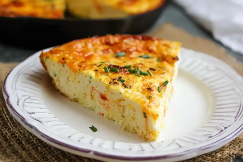 Slice of fluffy Crustless Quiche with cheese and chives served on a white plate.