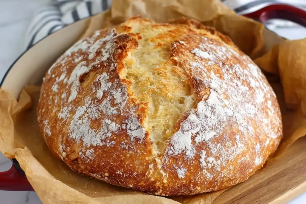 Golden brown loaf of Dutch oven bread cooling in a parchment-lined red cast iron pot.
