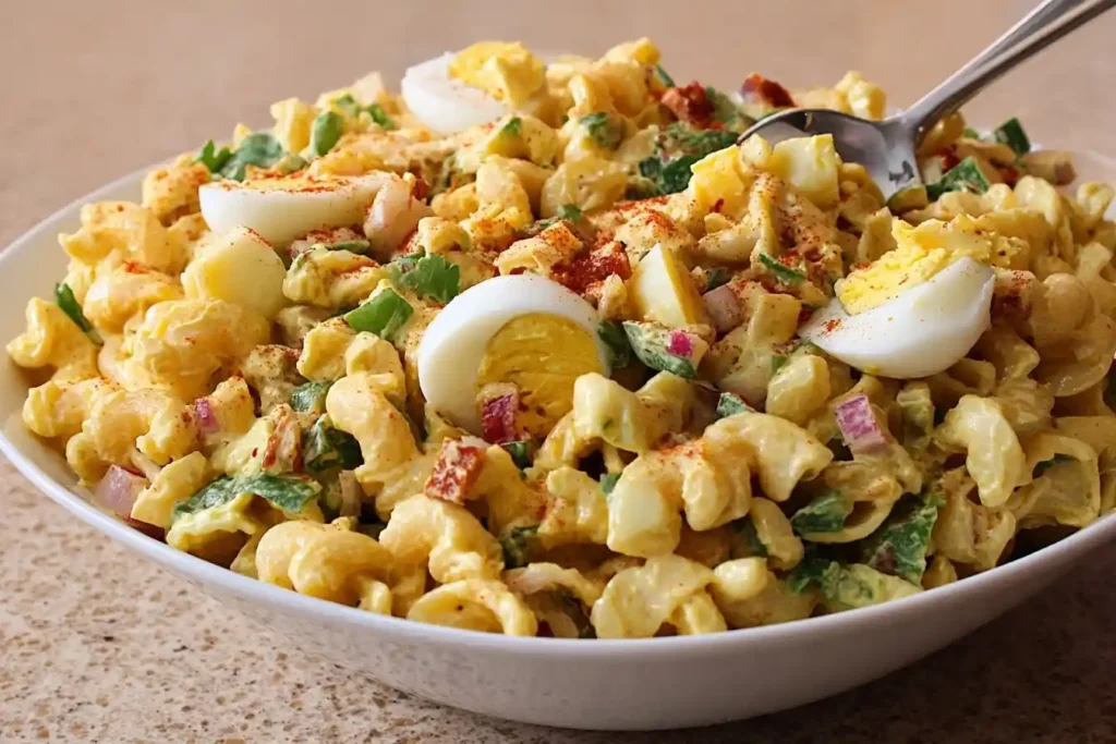 Close-up of a creamy macaroni salad in a white bowl, topped with sliced hard-boiled eggs, red onion, and paprika.