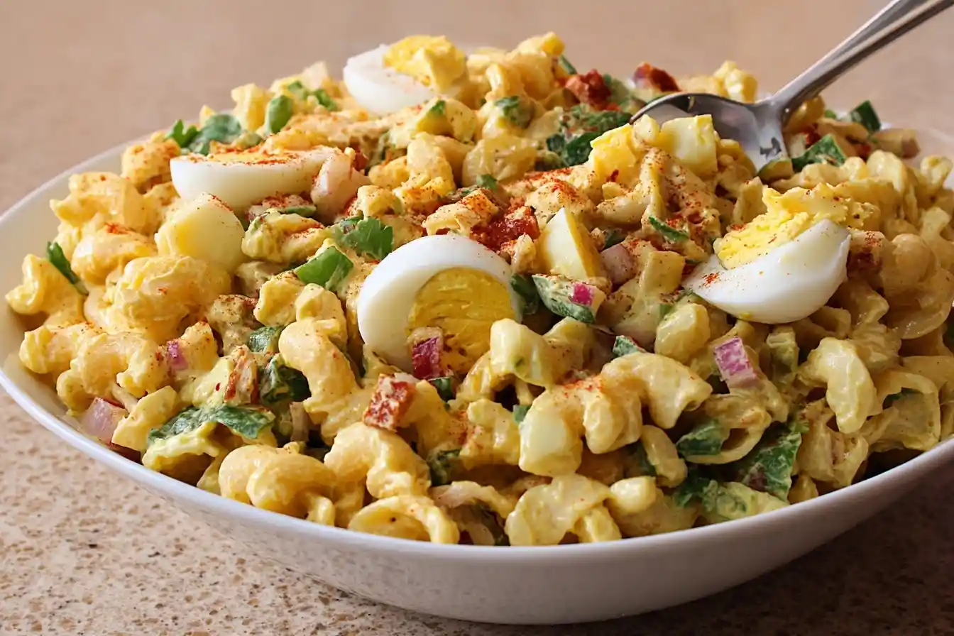Close-up of a creamy macaroni salad in a white bowl, topped with sliced hard-boiled eggs, red onion, and paprika.