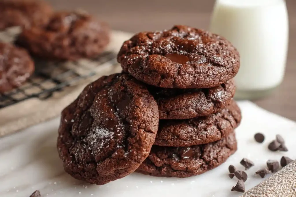 Stack of fudgy double chocolate cookies sprinkled with sea salt next to a glass of milk and chocolate chips.