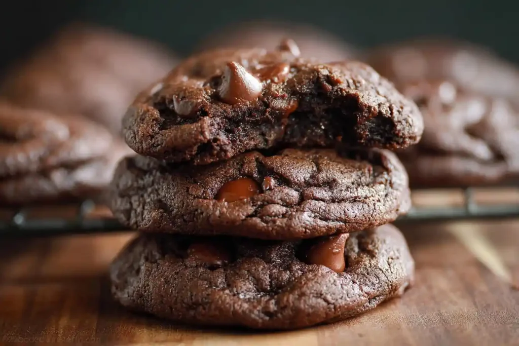 A close-up stack of three chewy double chocolate chip cookies, with a bite taken out of the top one on a wooden board.