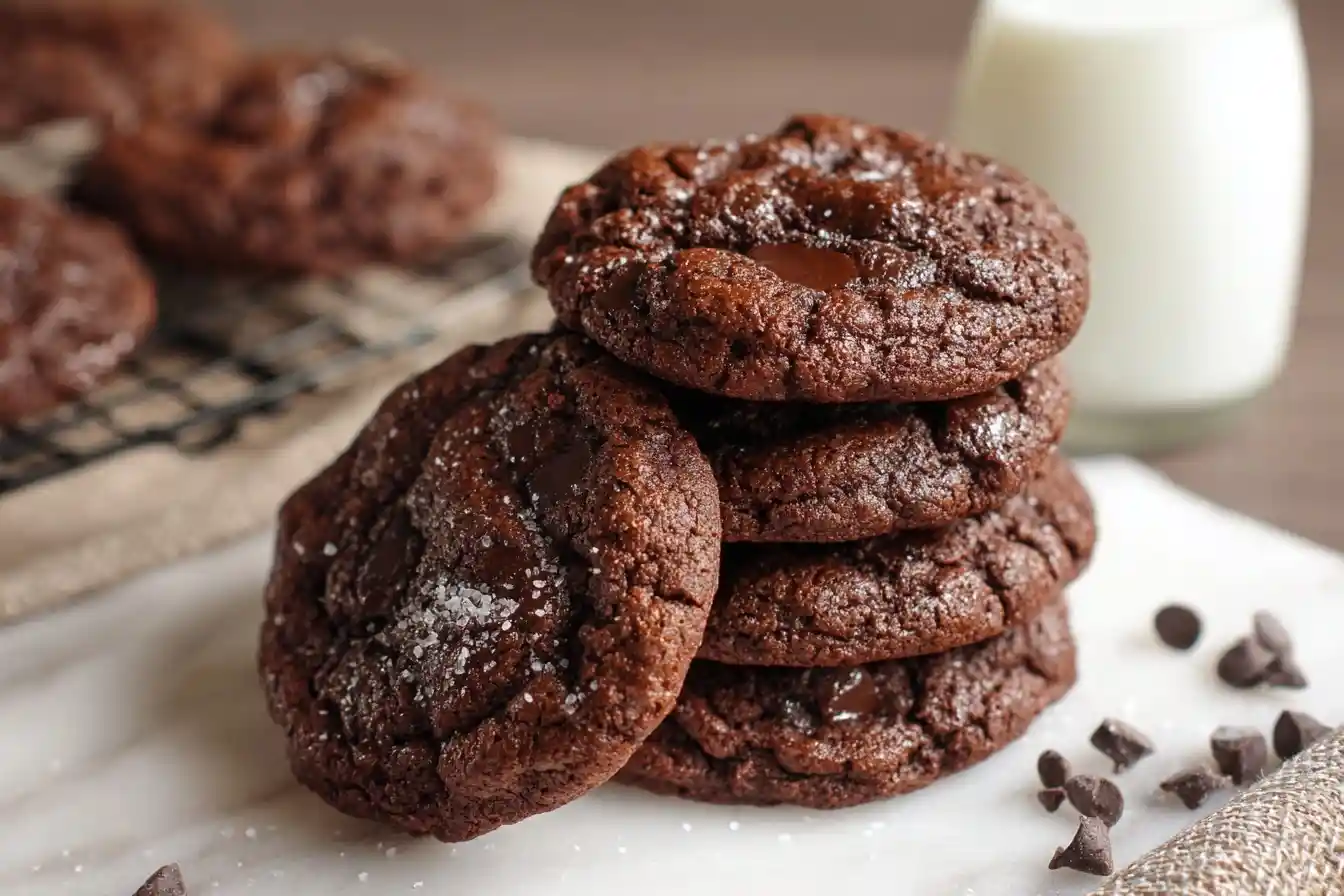 Stack of fudgy double chocolate cookies sprinkled with sea salt next to a glass of milk and chocolate chips.