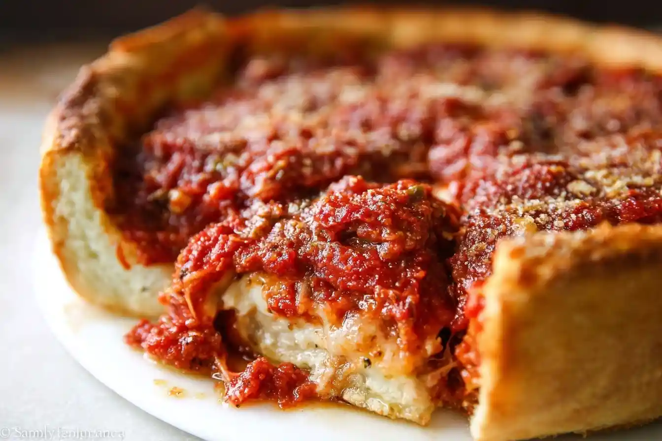 Close-up of a Chicago Deep Dish Pizza with a thick golden crust, layers of melted cheese, and chunky tomato sauce.
