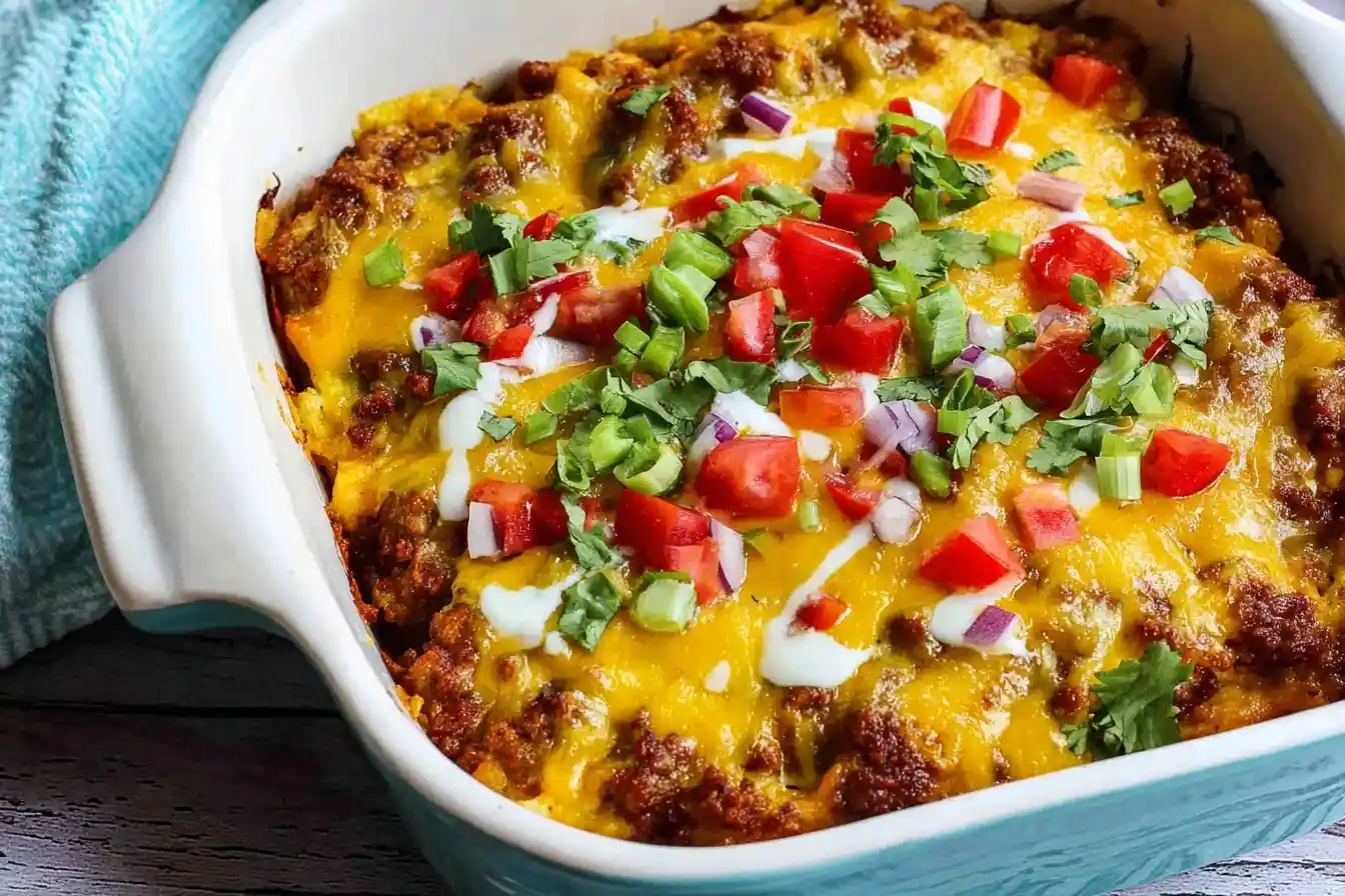 Cheesy Taco Casserole baked in a dish topped with seasoned beef, tomatoes, onions, and sour cream