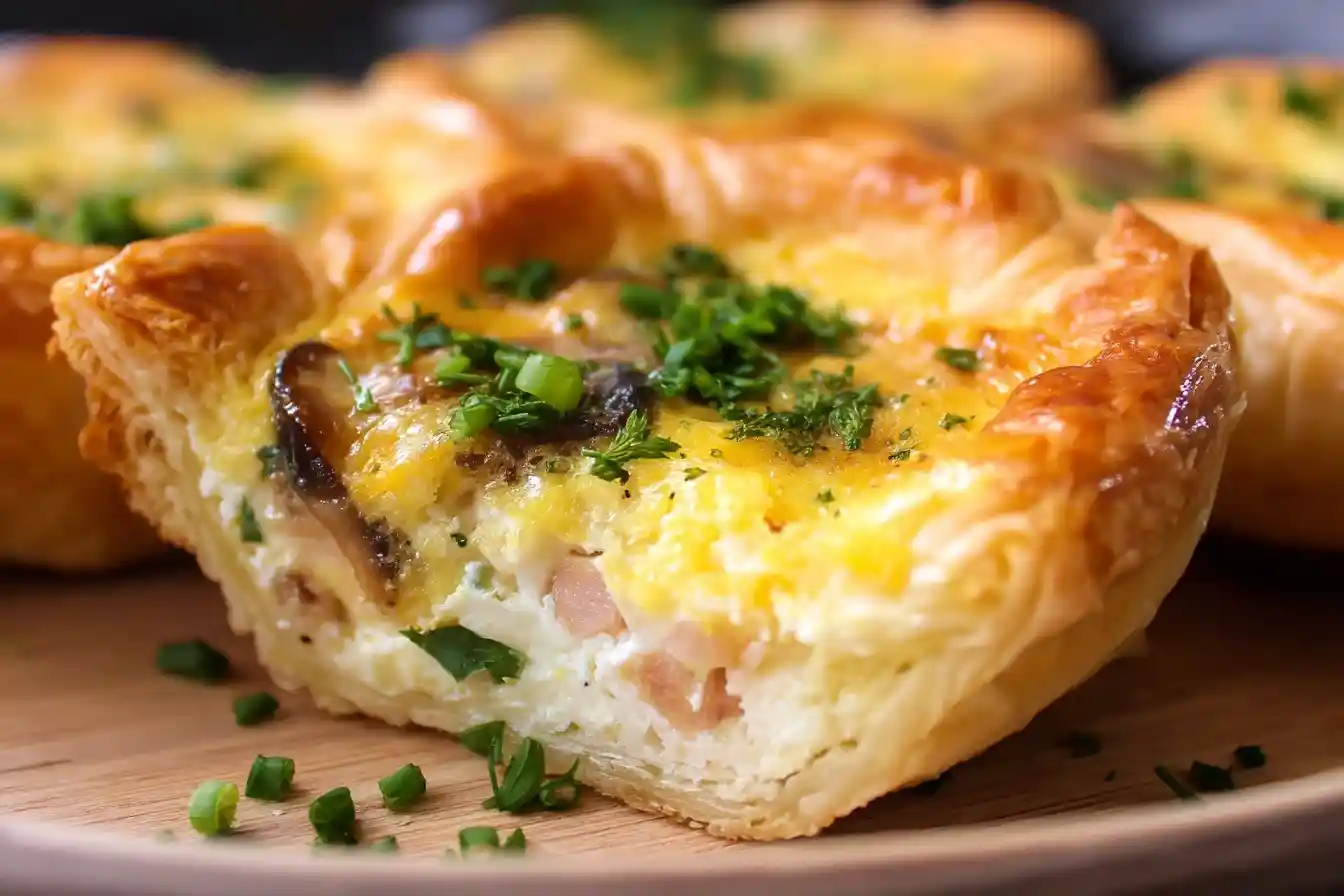 A golden-brown {{ $('Fetch Recipe Data').first().json["Main Keyword"] }} cut in half, showing a savory filling of ham, mushroom, and egg inside a flaky crust.