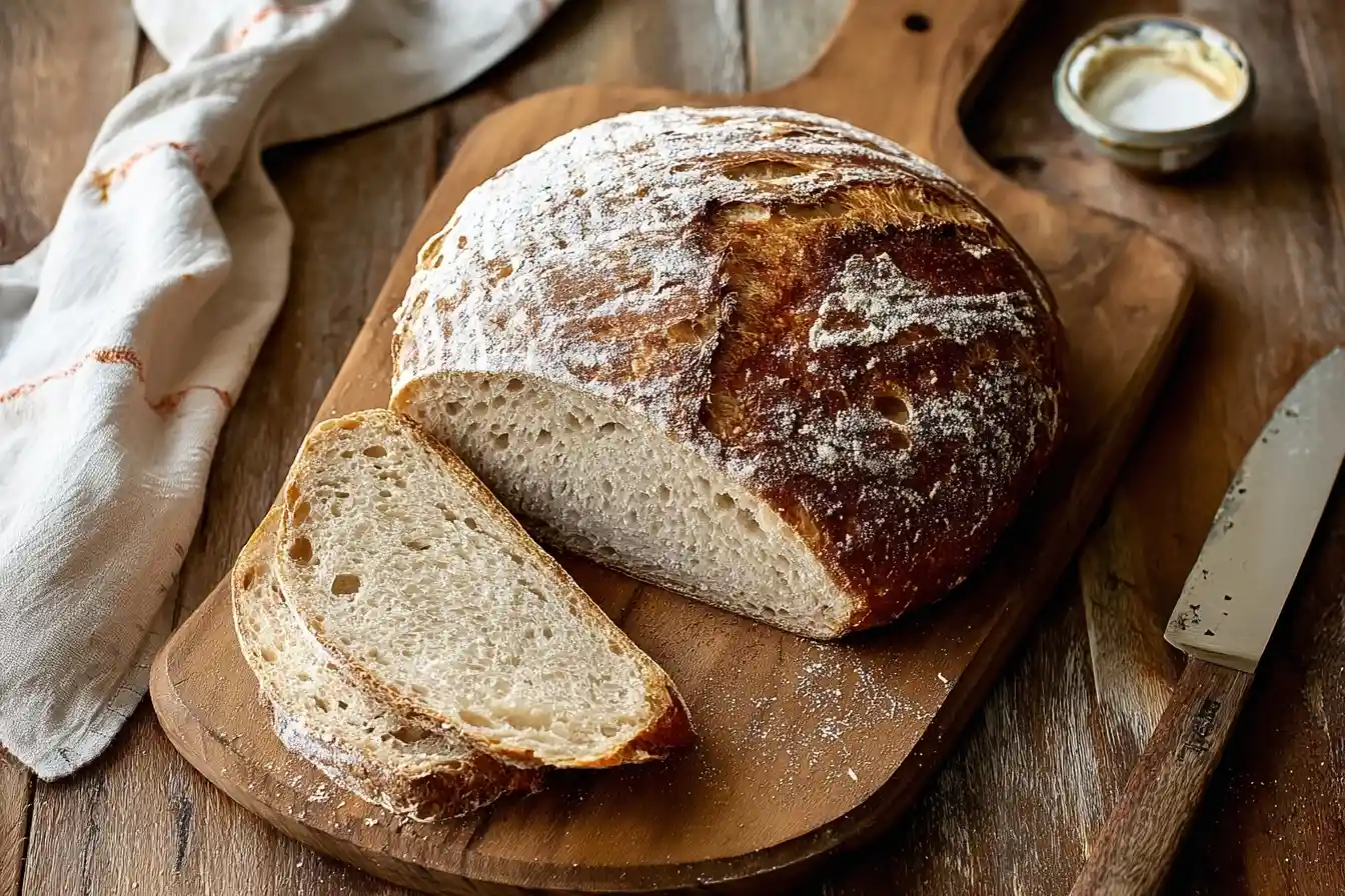 A crusty loaf of freshly baked sourdough bread, partially sliced, resting on a rustic wooden cutting board.