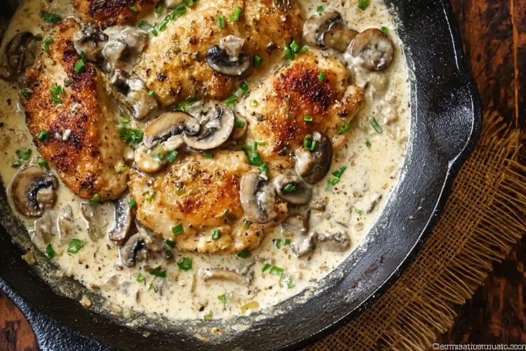 Cast iron skillet filled with golden-brown Creamy Mushroom Chicken, savory sauce, and fresh chives.