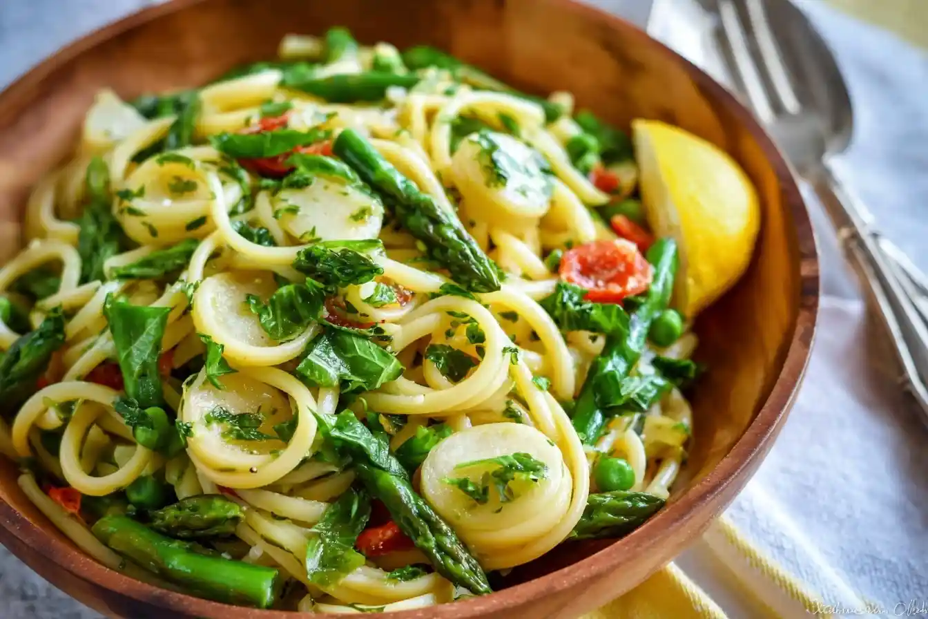 Wooden bowl filled with fresh Lemon Asparagus Pasta, hearts of palm, peas, and herbs.