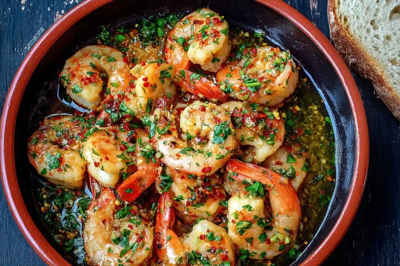 Top-down view of sizzling Gambas al Ajillo in a clay pot, garnished with garlic, parsley, and red pepper.