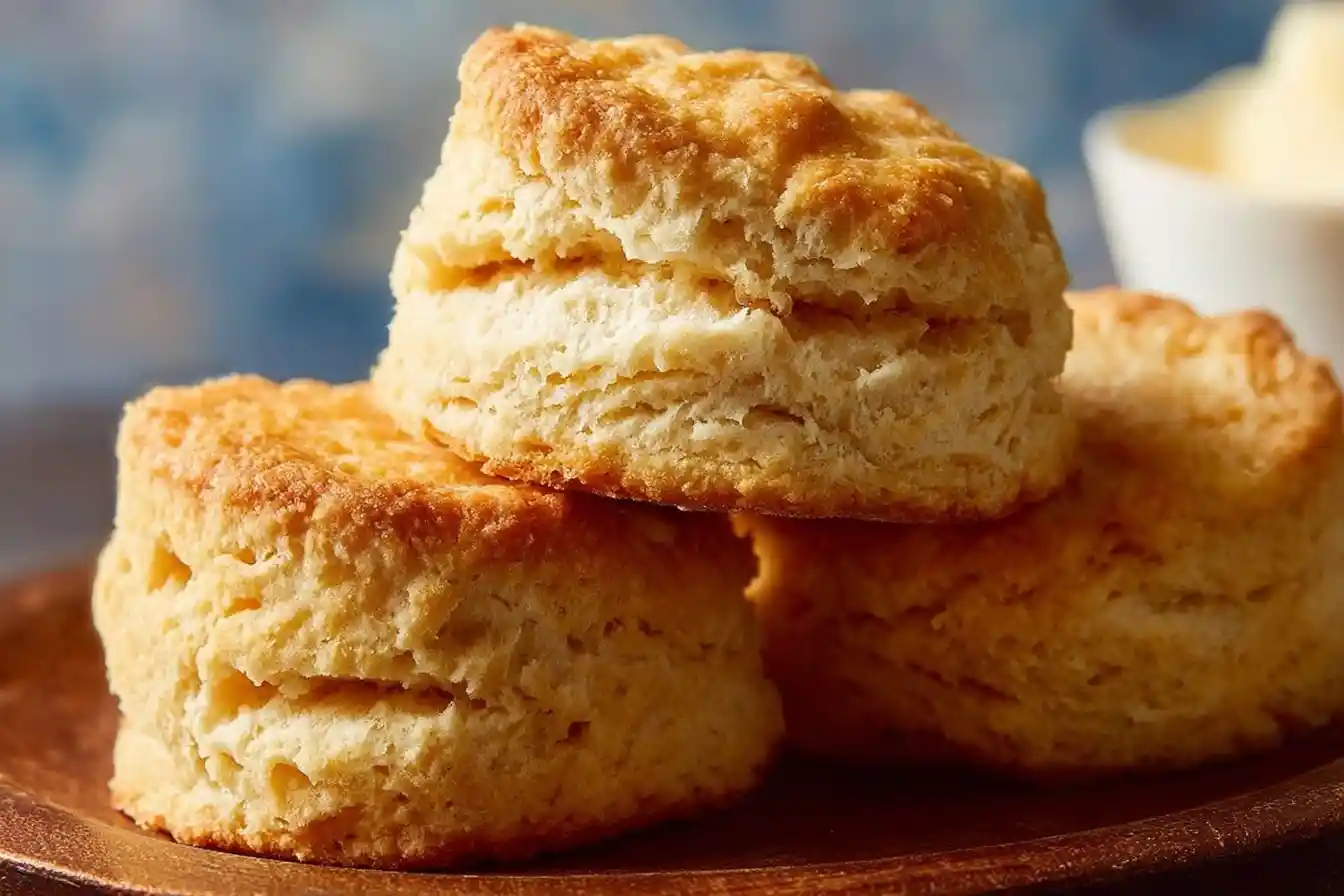 A close-up shot of three flaky, golden brown buttermilk biscuits stacked on a rustic brown plate, ready to be eaten.