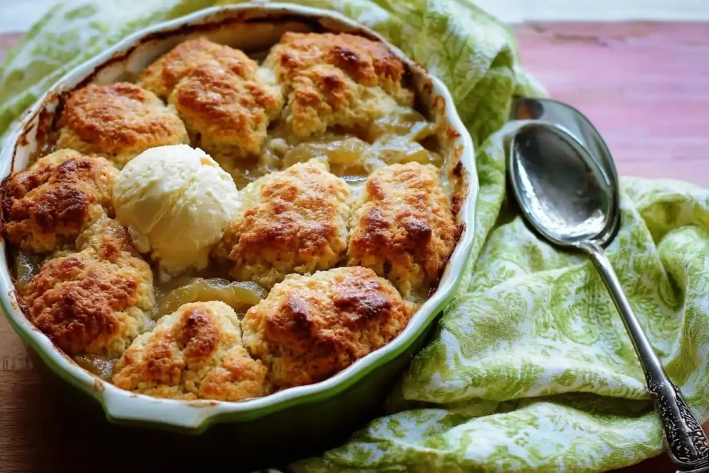 A warm, homemade apple cobbler with a golden-brown biscuit topping and a scoop of vanilla ice cream in a green baking dish.