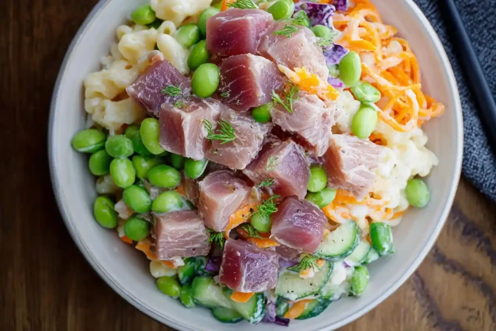 Overhead view of a fresh Ahi Tuna Poke Bowl with edamame, macaroni salad, cucumber, and carrots in a bowl.