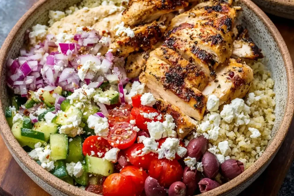 Close-up of a healthy Greek Chicken Bowl with grilled chicken, fresh veggies, hummus, and feta cheese