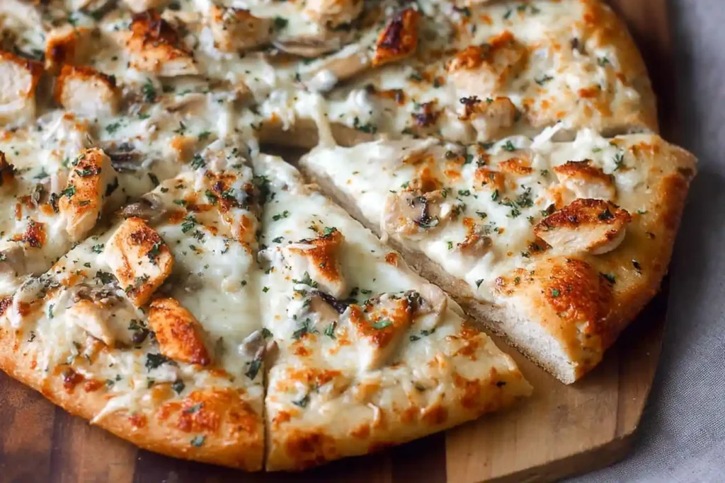 Sliced Chicken Alfredo Pizza topped with creamy white sauce, grilled chicken, and fresh herbs on a wooden board.