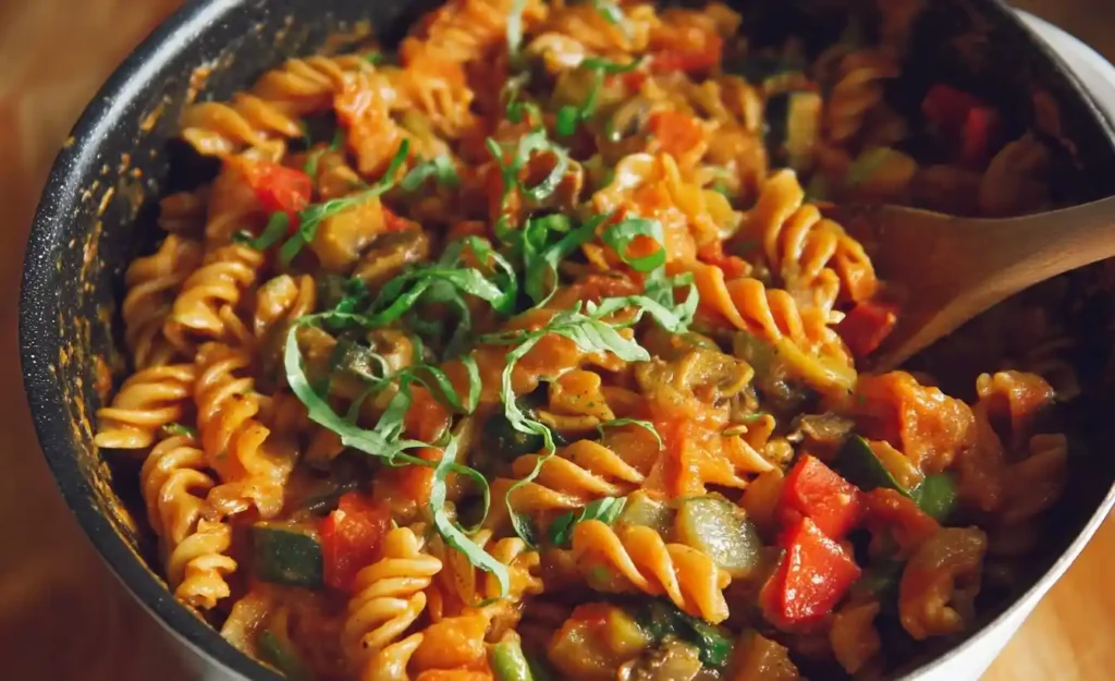 Overhead view of a pan filled with Creamy Vegetable Pasta, rotini, zucchini, and peppers garnished with basil.