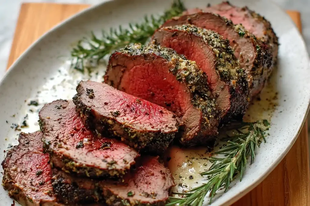 Sliced beef tenderloin roast with a garlic herb crust arranged on a white serving platter with rosemary.