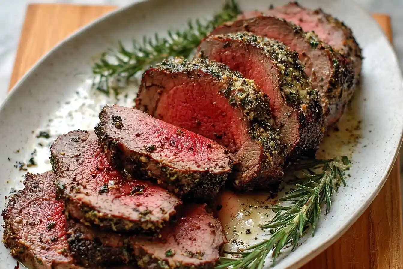 Sliced beef tenderloin roast with a garlic herb crust arranged on a white serving platter with rosemary.