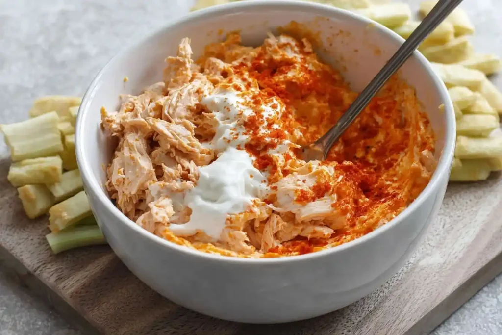 A white bowl filled with creamy Buffalo Chicken Dip topped with ranch and paprika, served with celery sticks