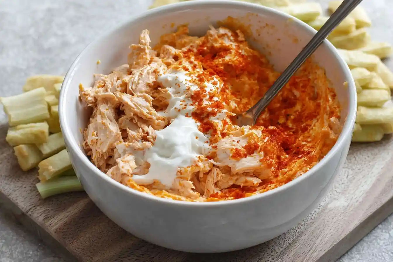 A white bowl filled with creamy Buffalo Chicken Dip topped with ranch and paprika, served with celery sticks
