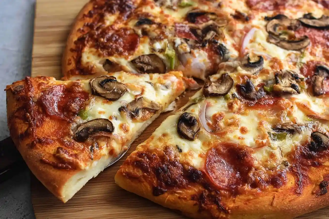 A slice of delicious homemade pizza with pepperoni and mushrooms being lifted from a wooden board.