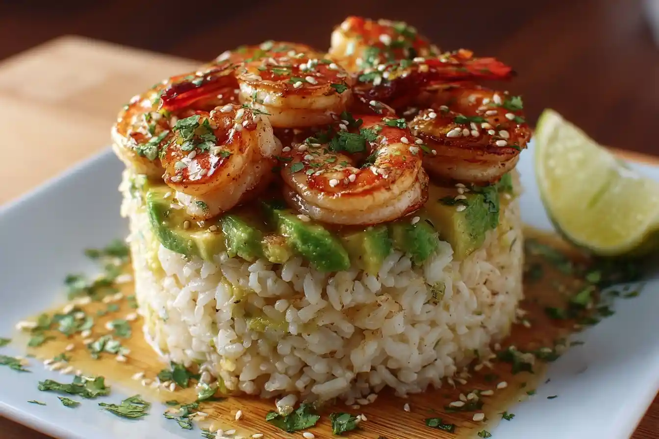 A tower of rice and avocado topped with glazed Honey Garlic Shrimp, garnished with sesame seeds and cilantro on a white plate.