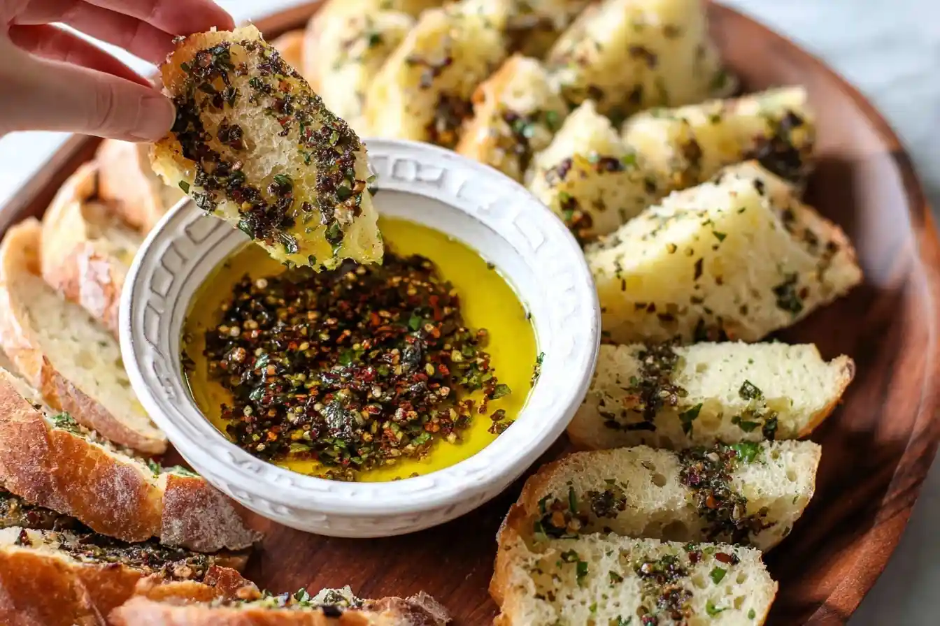 Hand dipping a slice of crusty bread into a bowl of herb-infused bread dipping oil on a wooden platter.