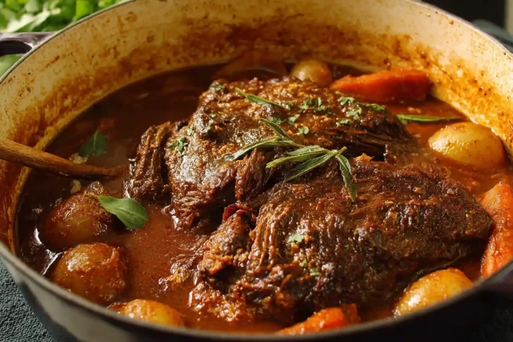 A close-up of a tender pot roast with potatoes and carrots simmering in a rich, savory gravy in a Dutch oven.