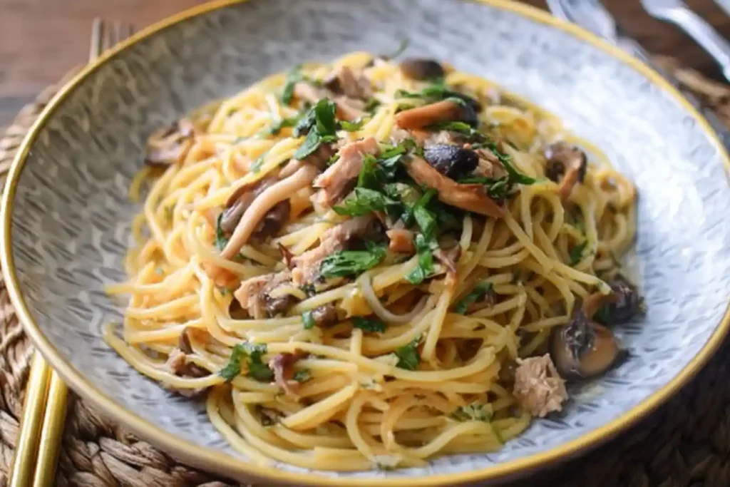 Close-up of savory Tuna Mushroom Pasta with sautéed mushrooms and fresh parsley in a patterned bowl
