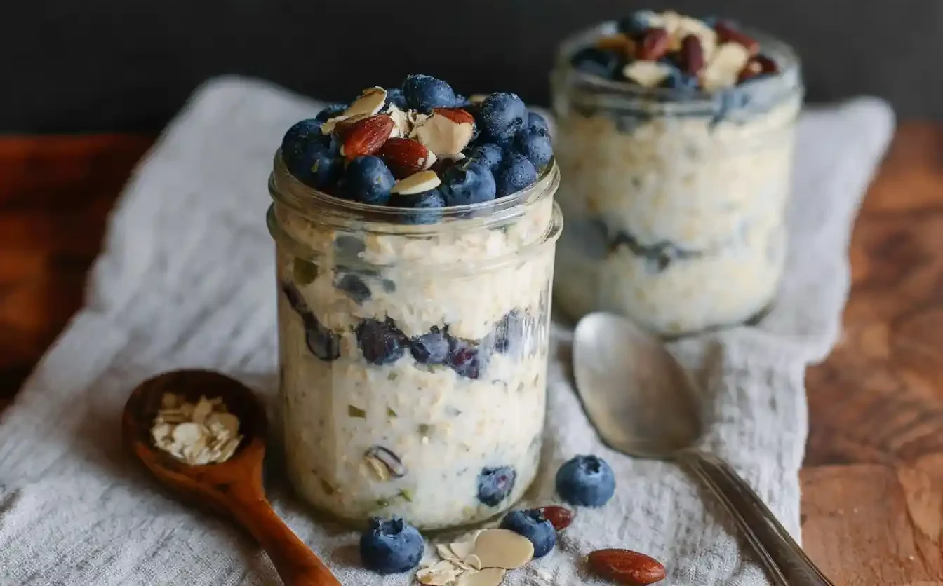 Two jars of creamy Kefir Overnight Oats layered with blueberries and almonds on a gray napkin.