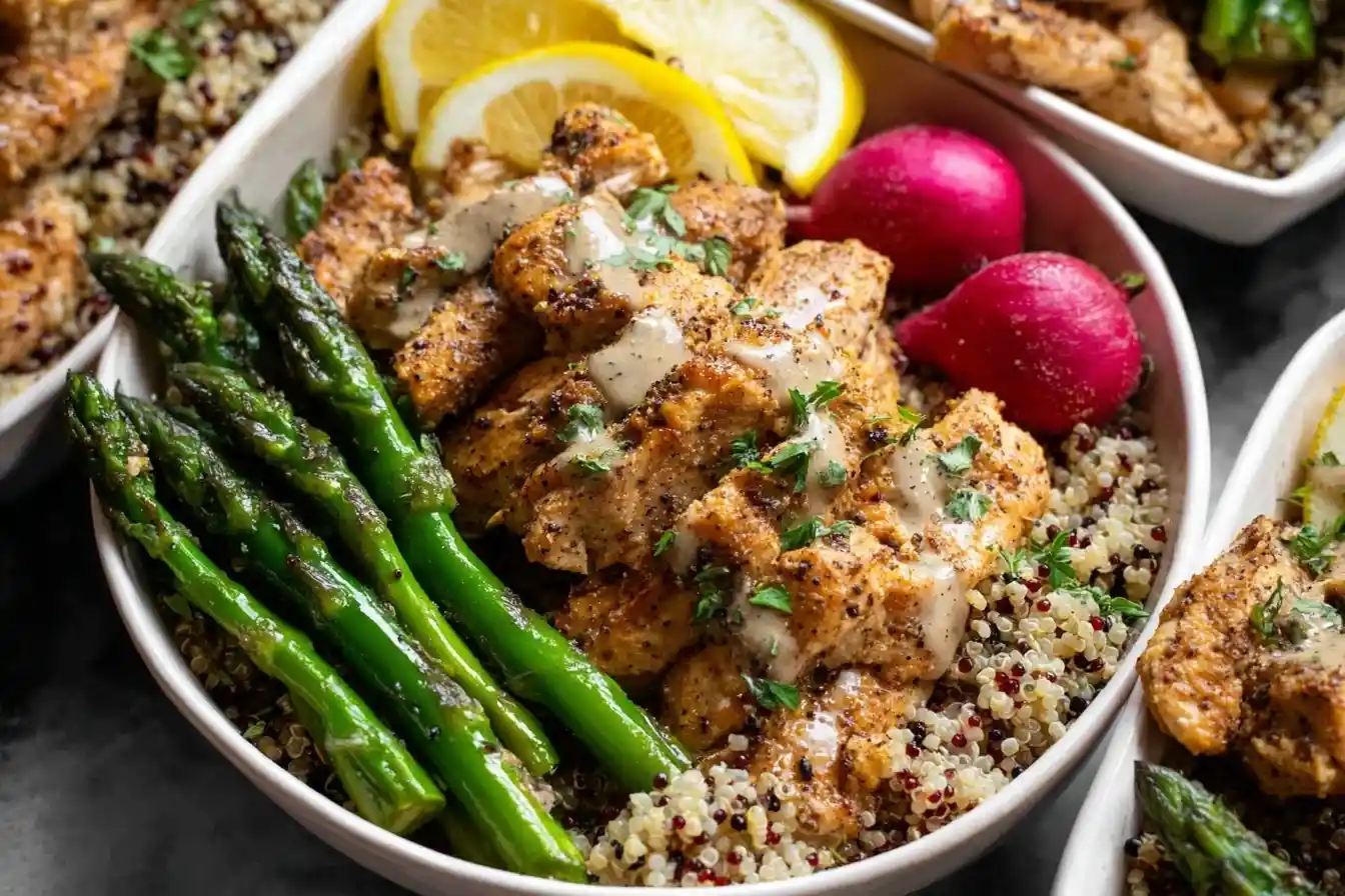 A close-up of a healthy chicken quinoa bowl with roasted asparagus, lemon wedges, and a creamy dressing.
