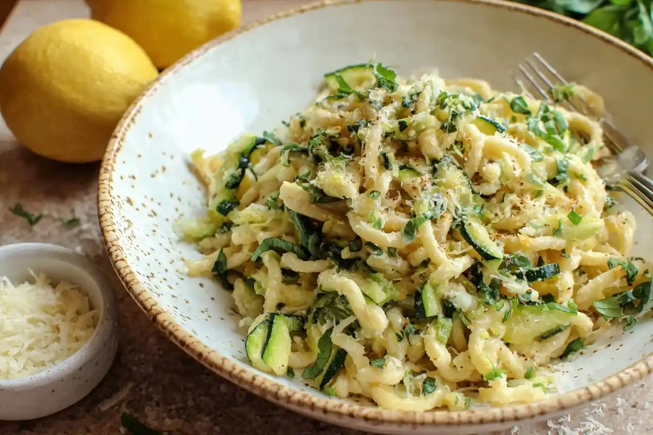 Ceramic bowl filled with creamy Lemon Zucchini Pasta, topped with fresh herbs and grated parmesan cheese next to whole lemons.