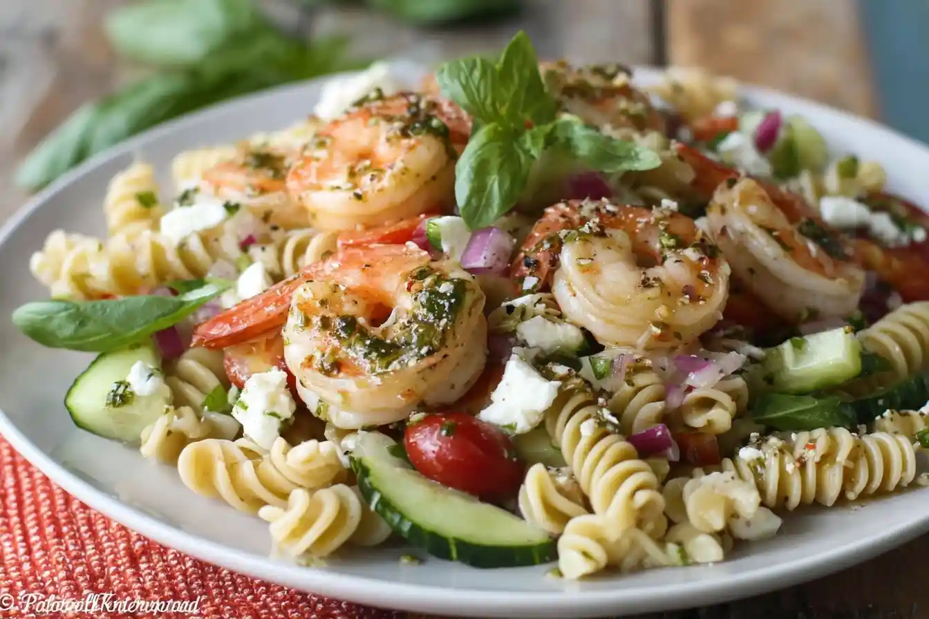 Close-up of a fresh Shrimp Pasta Salad with rotini, cucumbers, tomatoes, and feta cheese on a white plate.
