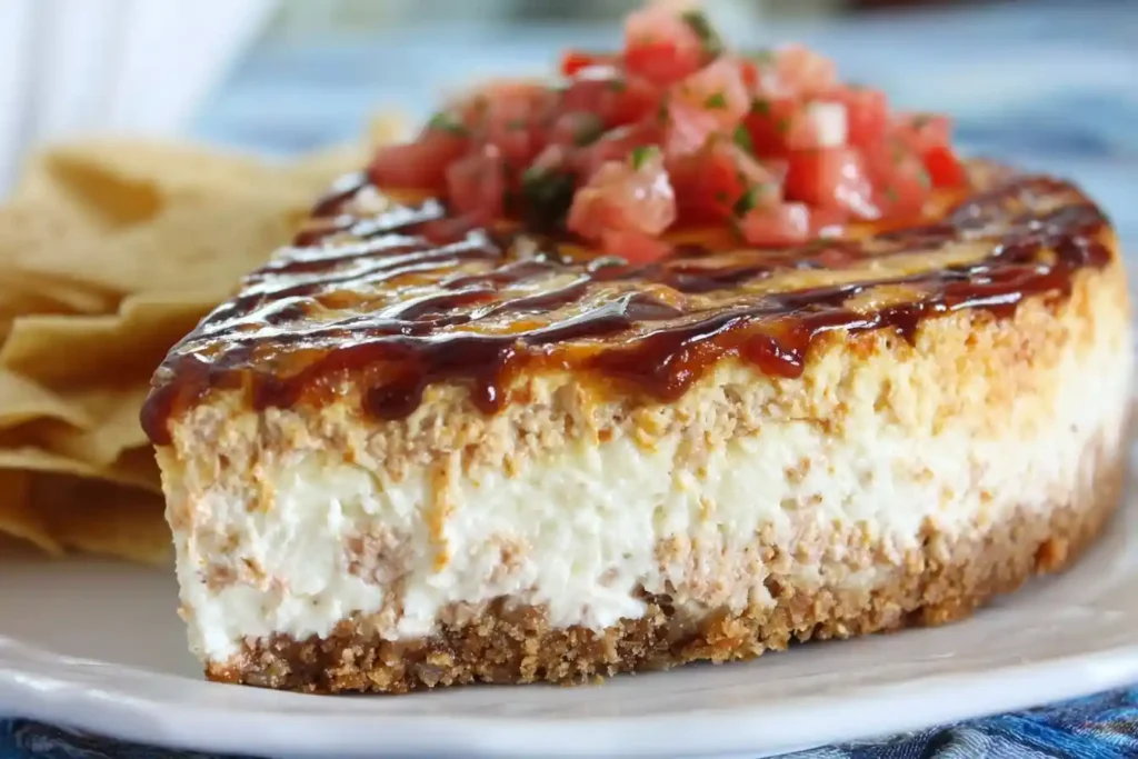 Slice of savory taco cheesecake topped with fresh salsa and drizzled with sauce, served with tortilla chips.