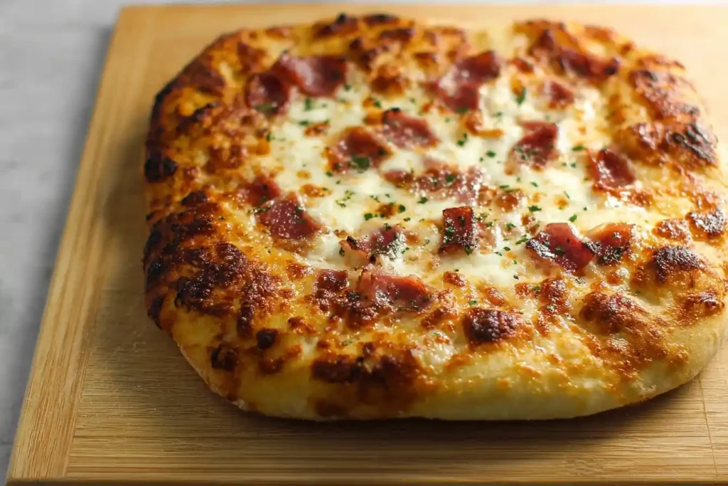 Golden brown homemade white pizza topped with melted cheese, bacon, and herbs on a wooden cutting board.