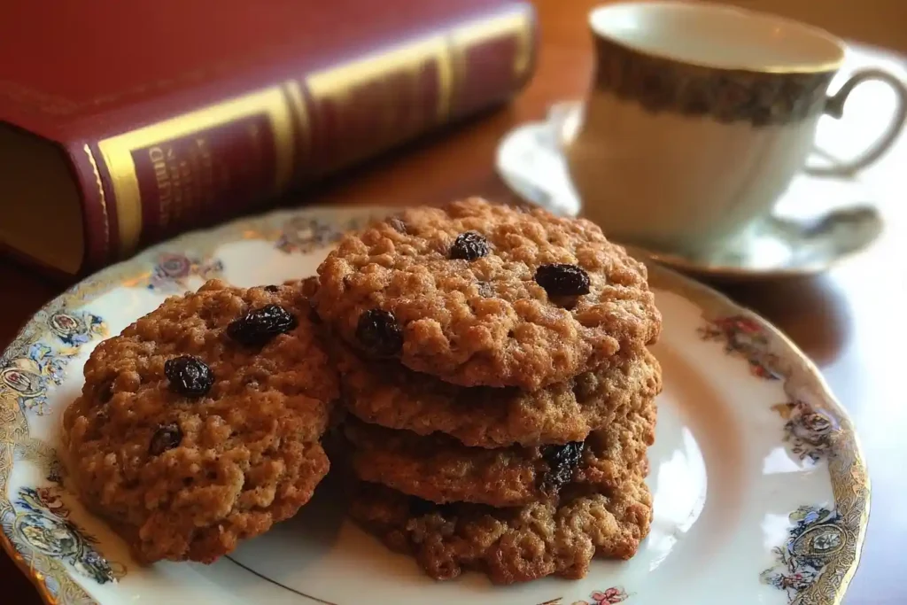 A stack of classic oatmeal raisin cookies on a vintage plate, with a book and a cup of tea in the background.