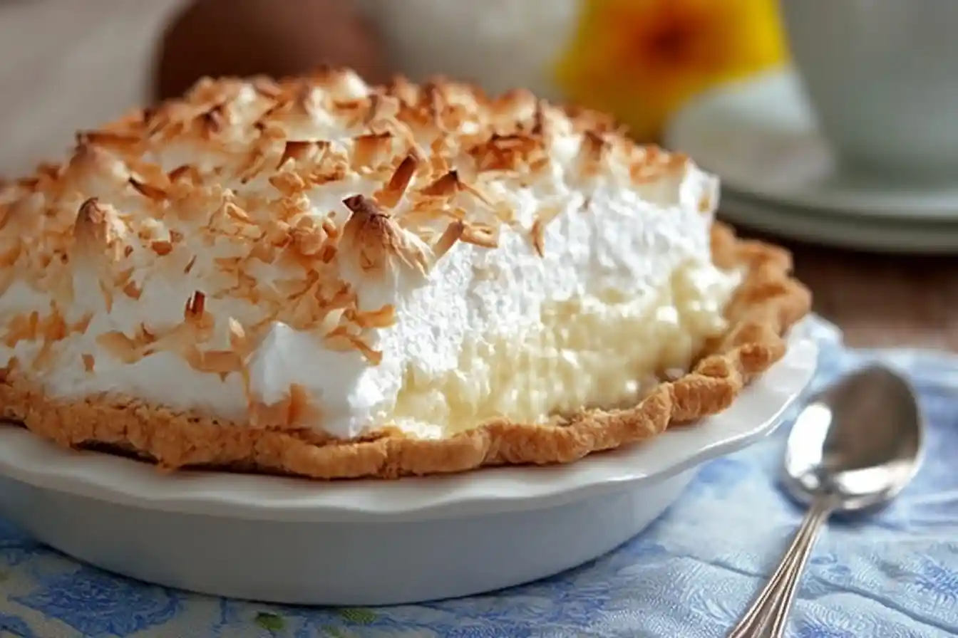 A beautiful whole Coconut Cream Pie topped with fluffy meringue and golden toasted coconut flakes in a white pie dish.