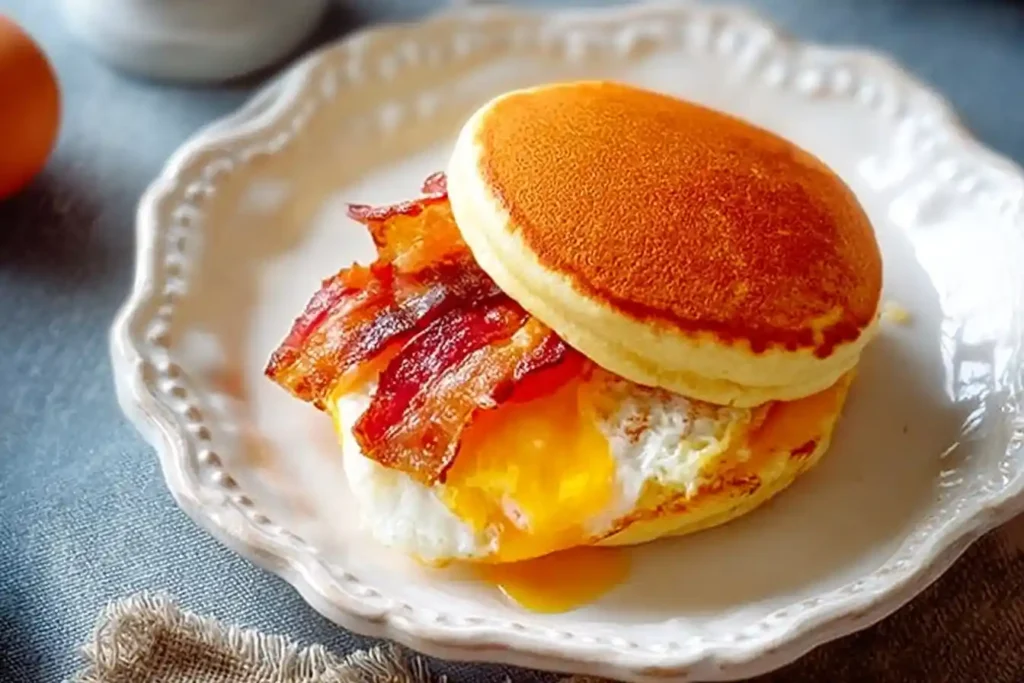 A close-up of a delicious pancake sandwich filled with crispy bacon and a runny fried egg, served on a white plate.